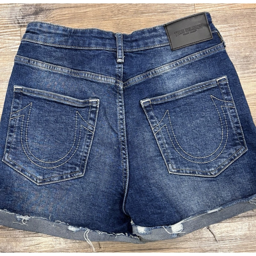 True Religion Jennie Curvy High Rise Denim Shorts Blue Cuffed Raw Hem Size 28